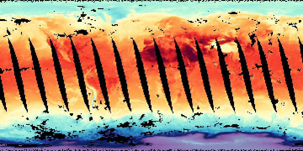 Global surface air temperature map showing warm oranges and reds at the equator, cool blues and purples at the poles