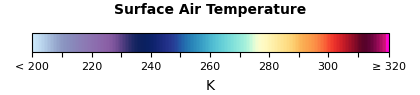 Color legend bar for surface air temperature, ranging from below 200K to above 320K