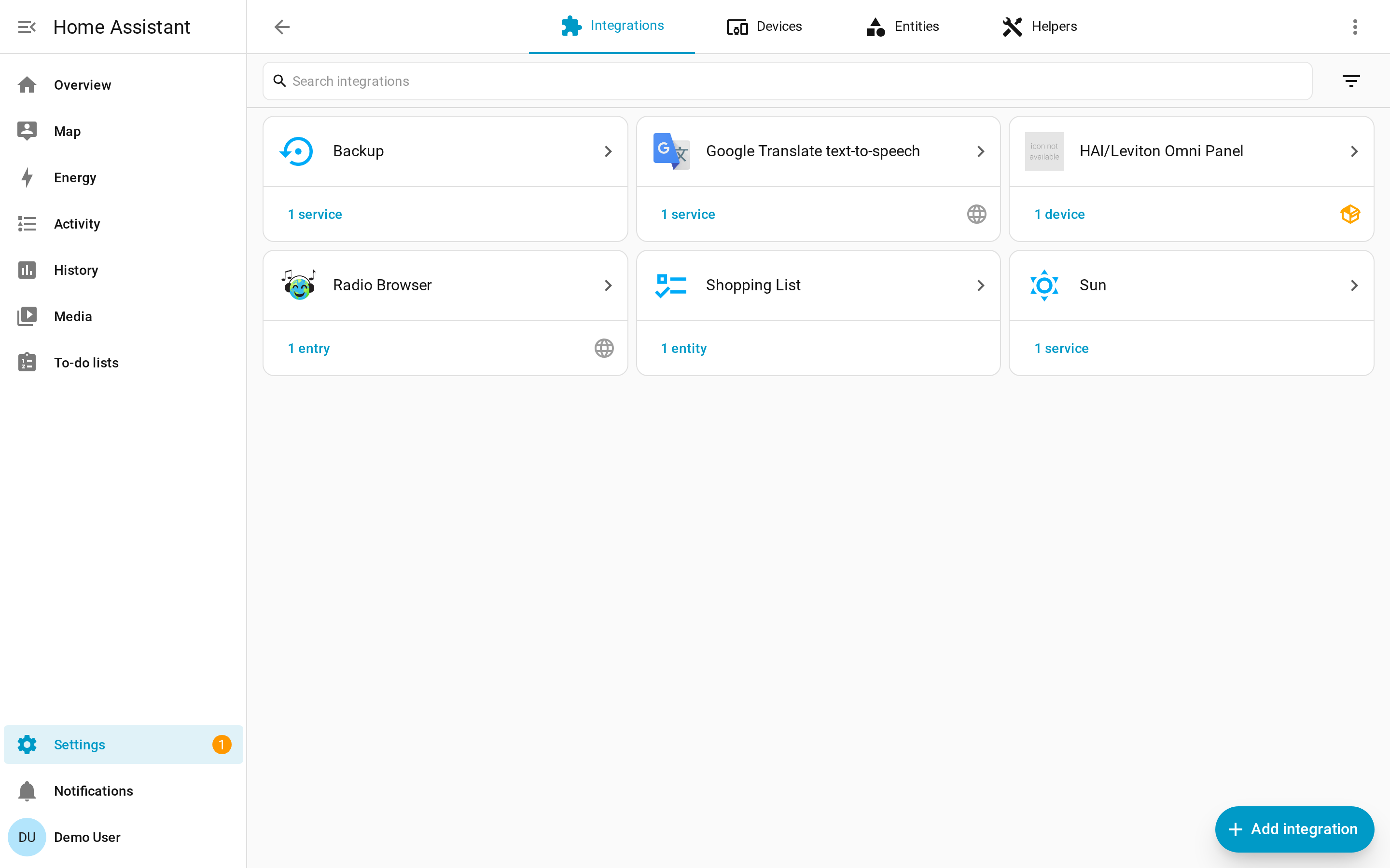 HA Devices and Services dashboard showing HAI/Leviton Omni Panel next to Backup, Sun, and other integrations