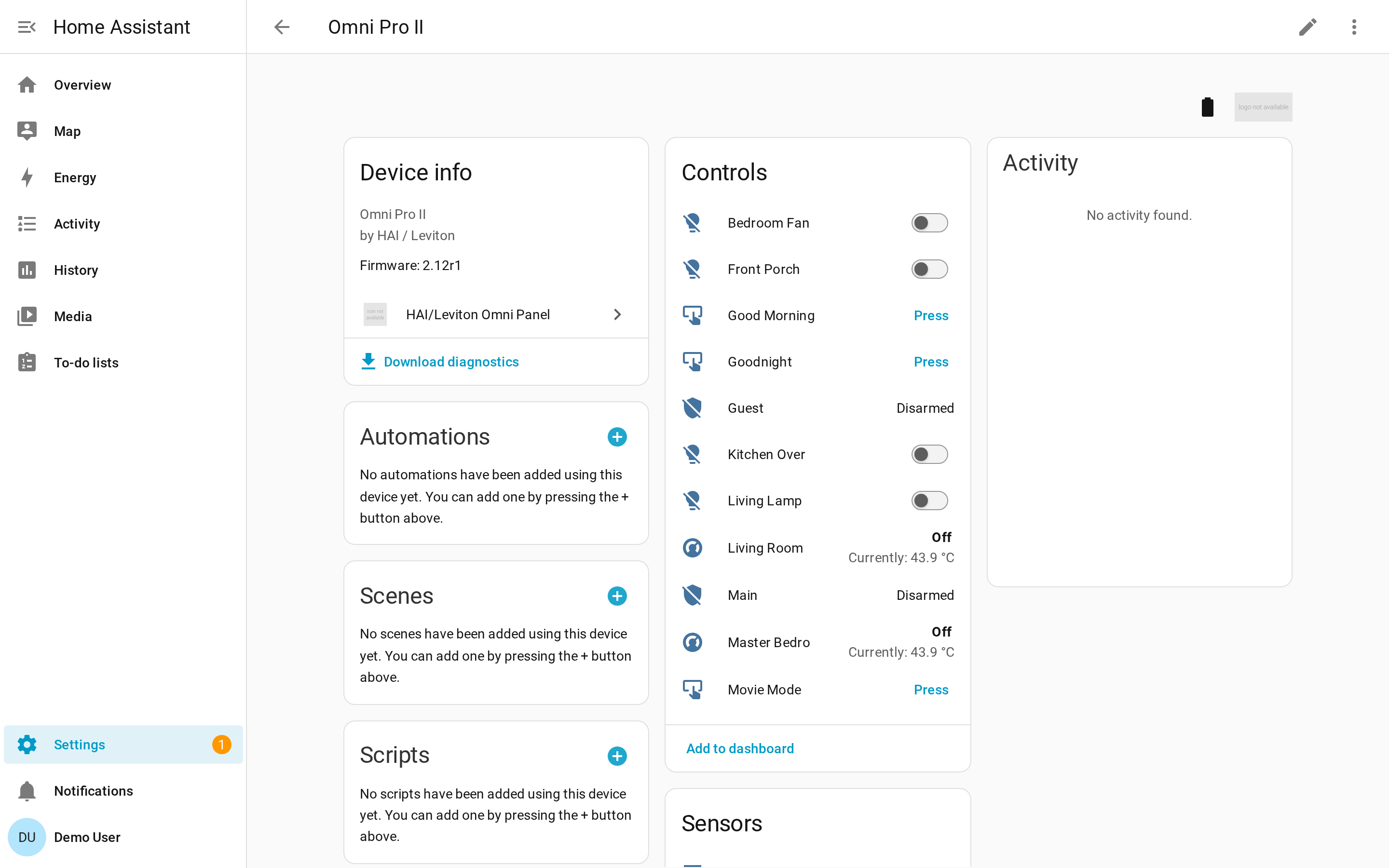 Omni Pro II device page — controls grid with lights, areas, thermostats, and button macros all live