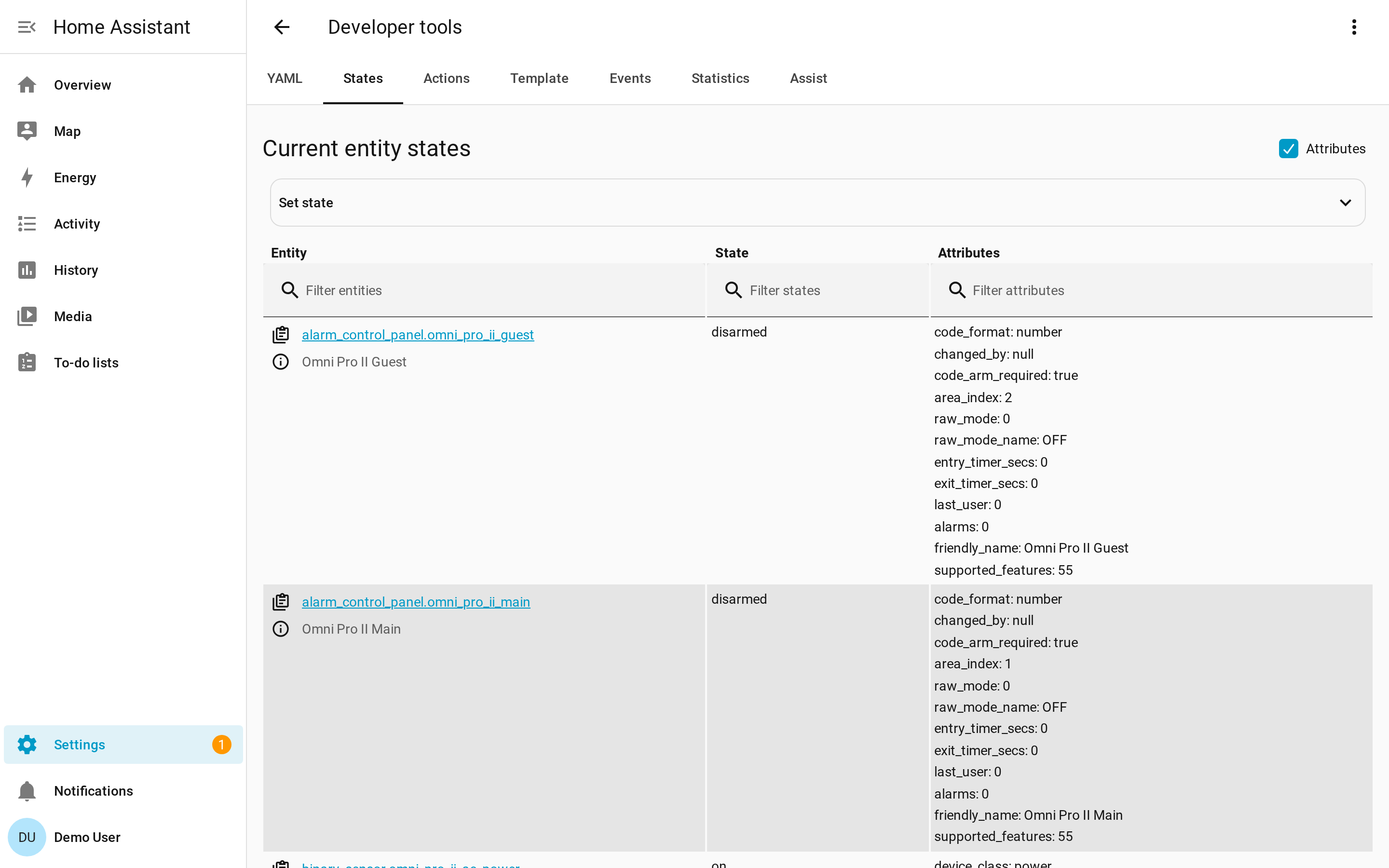 Developer Tools showing alarm_control_panel.omni_pro_ii_main with raw_mode_name OFF, code_arm_required true, area_index 1, friendly_name Omni Pro II Main